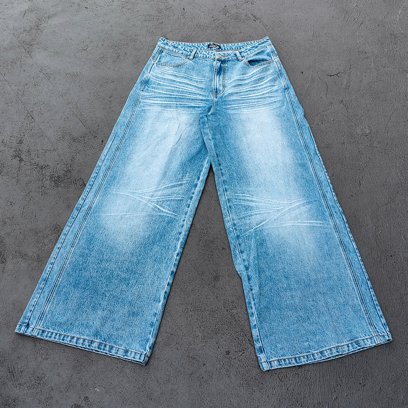 Y2K Baggy Jeans - Light Blue Acid Wash Whiskering Vintage Faded Wide Leg Streetwear