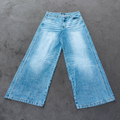 Y2K Baggy Jeans - Light Blue Acid Wash Whiskering Vintage Faded Wide Leg Streetwear