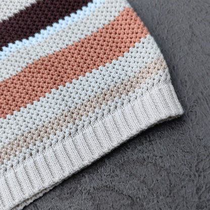 Y2K Knit Polo Set - Oatmeal Brown Stripe Open Weave Half Button Shirt & Drawstring Shorts Oversized