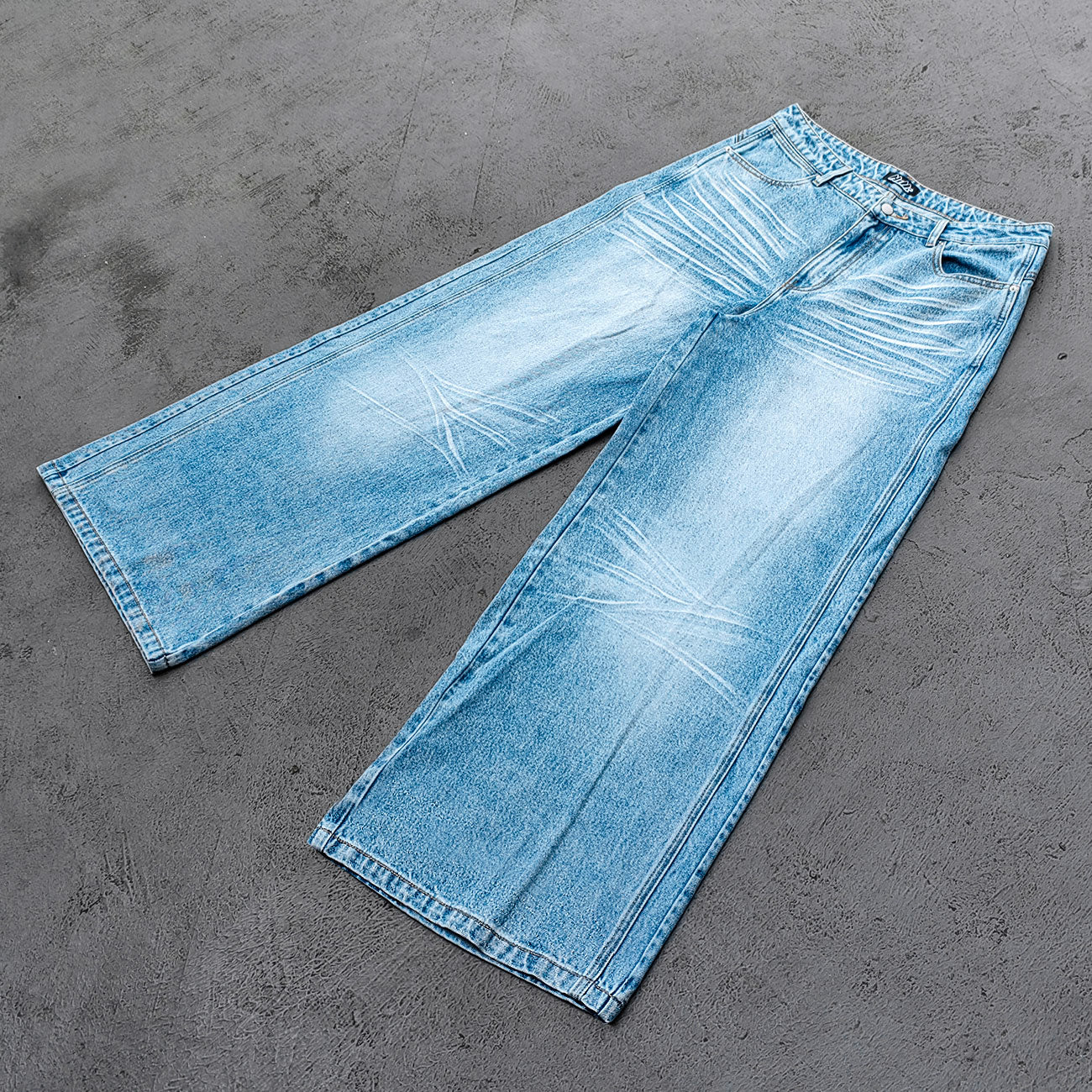 Y2K Baggy Jeans - Light Blue Acid Wash Whiskering Vintage Faded Wide Leg Streetwear