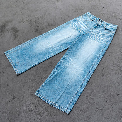 Y2K Baggy Jeans - Light Blue Acid Wash Whiskering Vintage Faded Wide Leg Streetwear