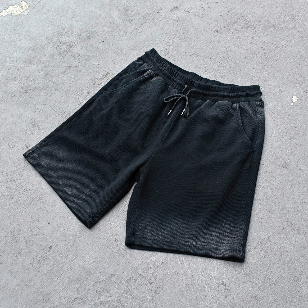 Waffle Knit Sweat Shorts - Black Acid Wash Vintage Distressed Y2K Streetwear