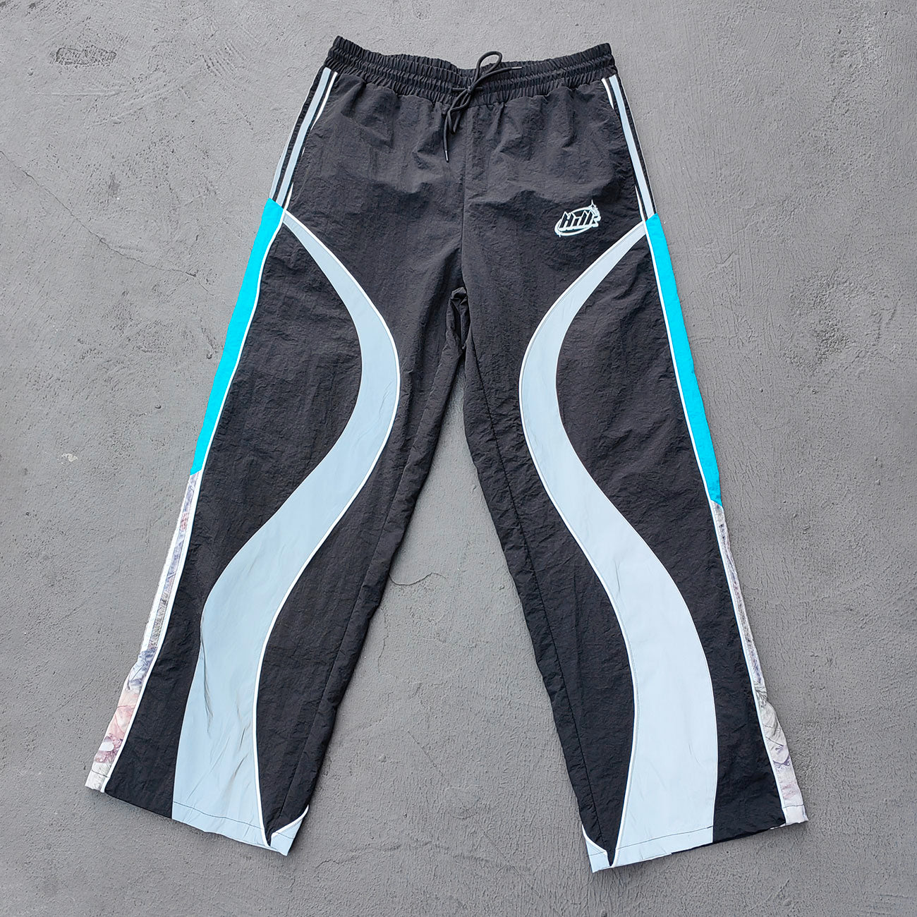 Y2K Black Track Pants - Blue Gray Curved Panel Three Stripe HDK Logo Wide Leg Streetwear