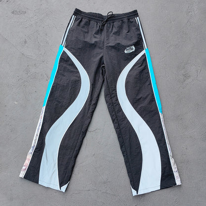 Y2K Black Track Pants - Blue Gray Curved Panel Three Stripe HDK Logo Wide Leg Streetwear