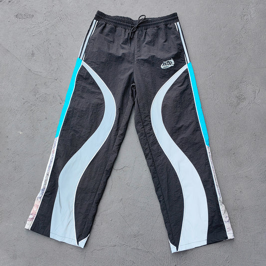 Y2K Black Track Pants - Blue Gray Curved Panel Three Stripe HDK Logo Wide Leg Streetwear