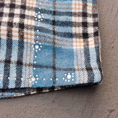 Gothic Embroidered Hooded Flannel - Blue Plaid Rhinestone Snap Button Shacket