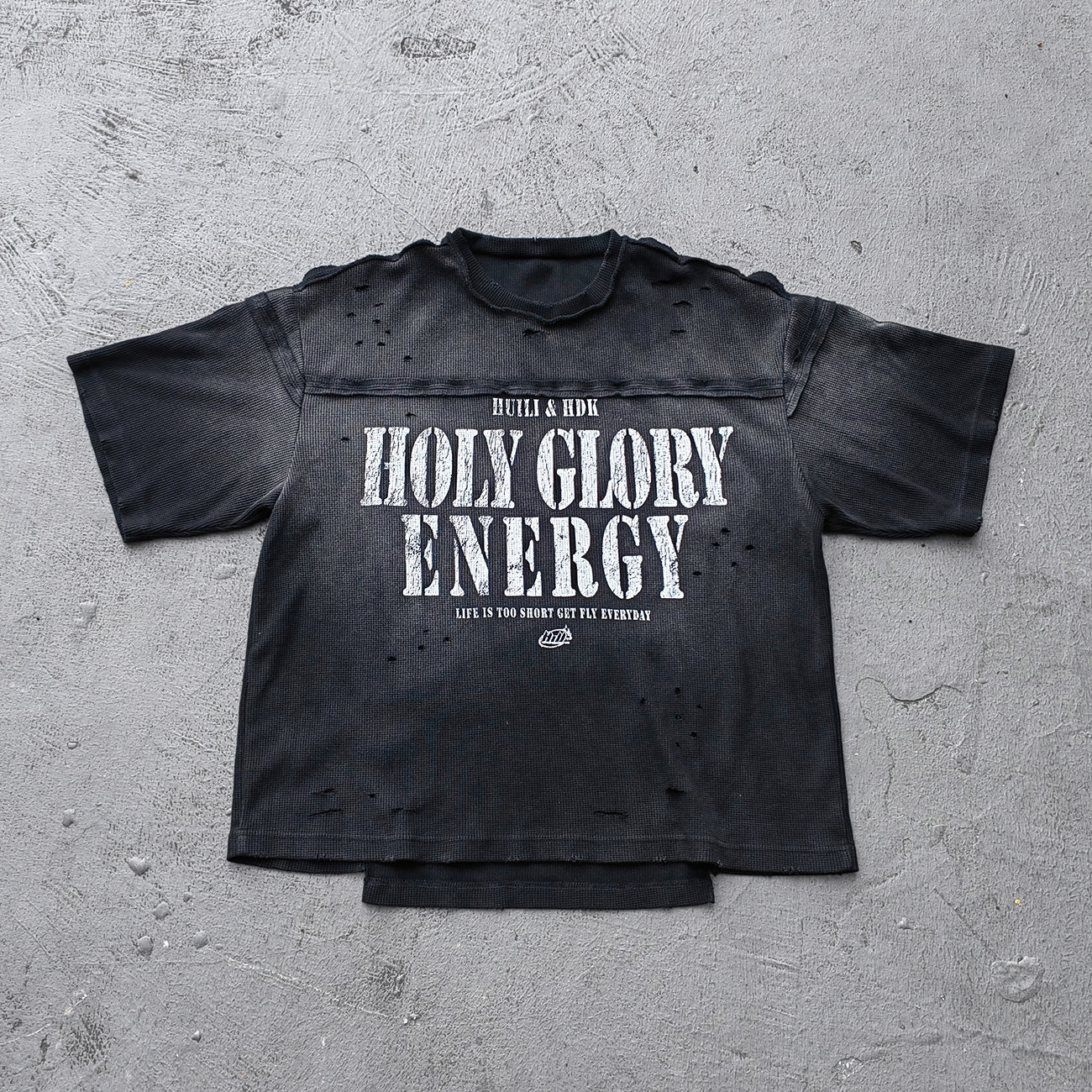 HOLY GLORY ENERGY Football Jersey Tee - Black White Waffle Knit Distressed Ripped Asymmetric Hem Y2K Streetwear