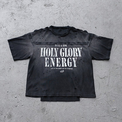 HOLY GLORY ENERGY Football Jersey Tee - Black White Waffle Knit Distressed Ripped Asymmetric Hem Y2K Streetwear