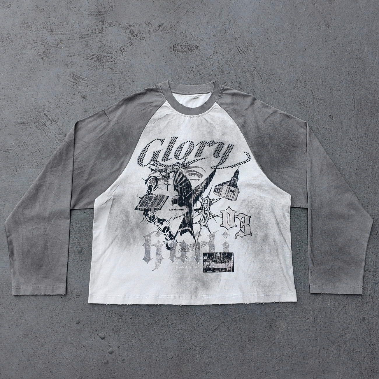 Glory Print Long Sleeve Tee - Gray White Raglan Rhinestone Dark Graphic Y2K Streetwear