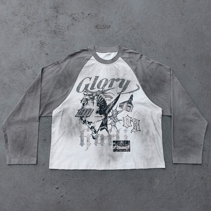 Glory Print Long Sleeve Tee - Gray White Raglan Rhinestone Dark Graphic Y2K Streetwear