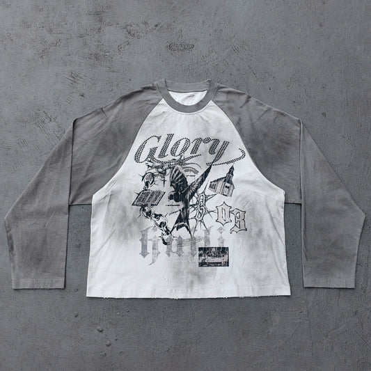 Glory Print Long Sleeve Tee - Gray White Raglan Rhinestone Dark Graphic Y2K Streetwear