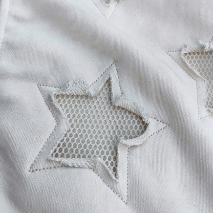Star Cut-Out Zip Up Hoodie - White Gothic Letter Patch Distressed Y2K Streetwear