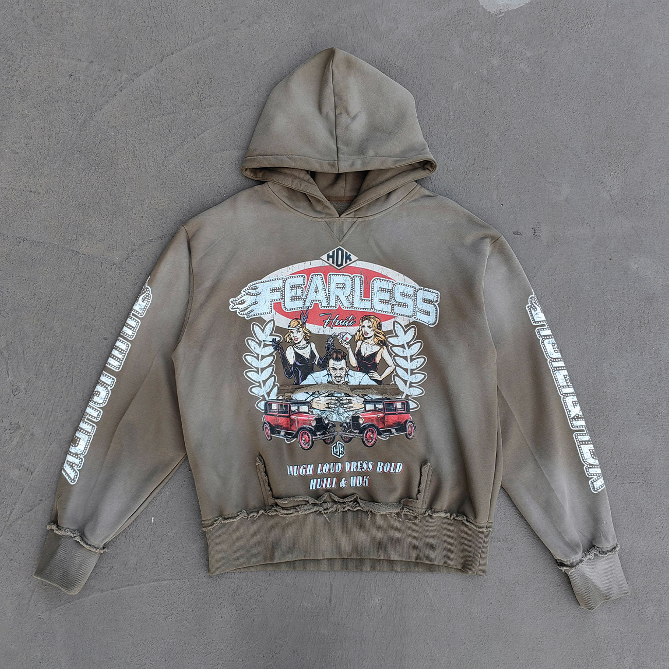 FEARLESS Graphic Hoodie - Vintage Comic Print Olive Wash Y2K Streetwear
