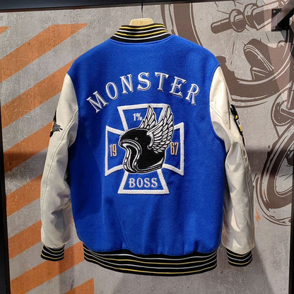 factory wholesale custom logo chenille embroidery letterman varsity jacket with leather sleeves