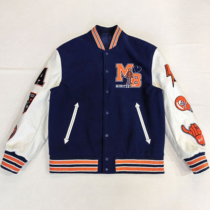 factory wholesale custom logo chenille embroidery letterman varsity jacket with leather sleeves