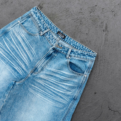 Y2K Baggy Jeans - Light Blue Acid Wash Whiskering Vintage Faded Wide Leg Streetwear