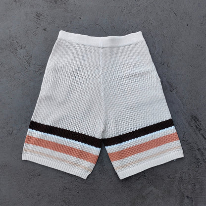 Y2K Knit Polo Set - Oatmeal Brown Stripe Open Weave Half Button Shirt & Drawstring Shorts Oversized