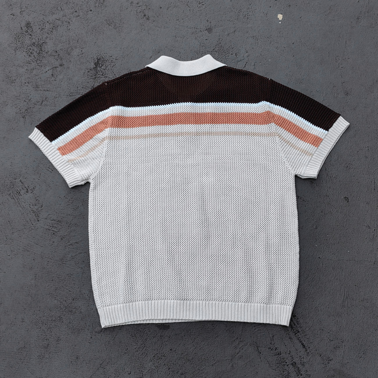 Y2K Knit Polo Set - Oatmeal Brown Stripe Open Weave Half Button Shirt & Drawstring Shorts Oversized