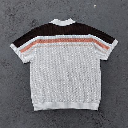 Y2K Knit Polo Set - Oatmeal Brown Stripe Open Weave Half Button Shirt & Drawstring Shorts Oversized