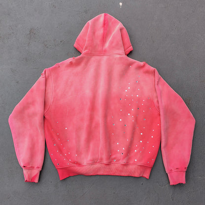 Acid Wash Hoodie - Gradient Ombre Rhinestone Sequin Ripped Full Zip Y2K Oversized