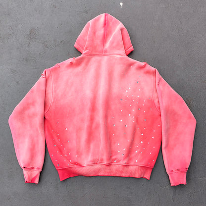 Acid Wash Hoodie - Gradient Ombre Rhinestone Sequin Ripped Full Zip Y2K Oversized