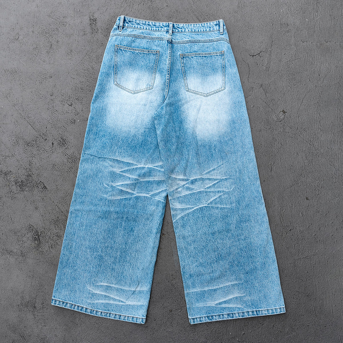 Y2K Baggy Jeans - Light Blue Acid Wash Whiskering Vintage Faded Wide Leg Streetwear