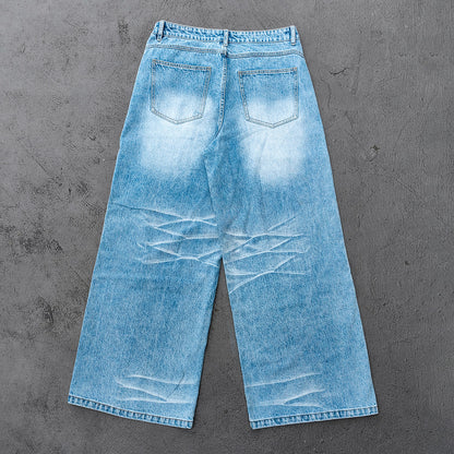 Y2K Baggy Jeans - Light Blue Acid Wash Whiskering Vintage Faded Wide Leg Streetwear