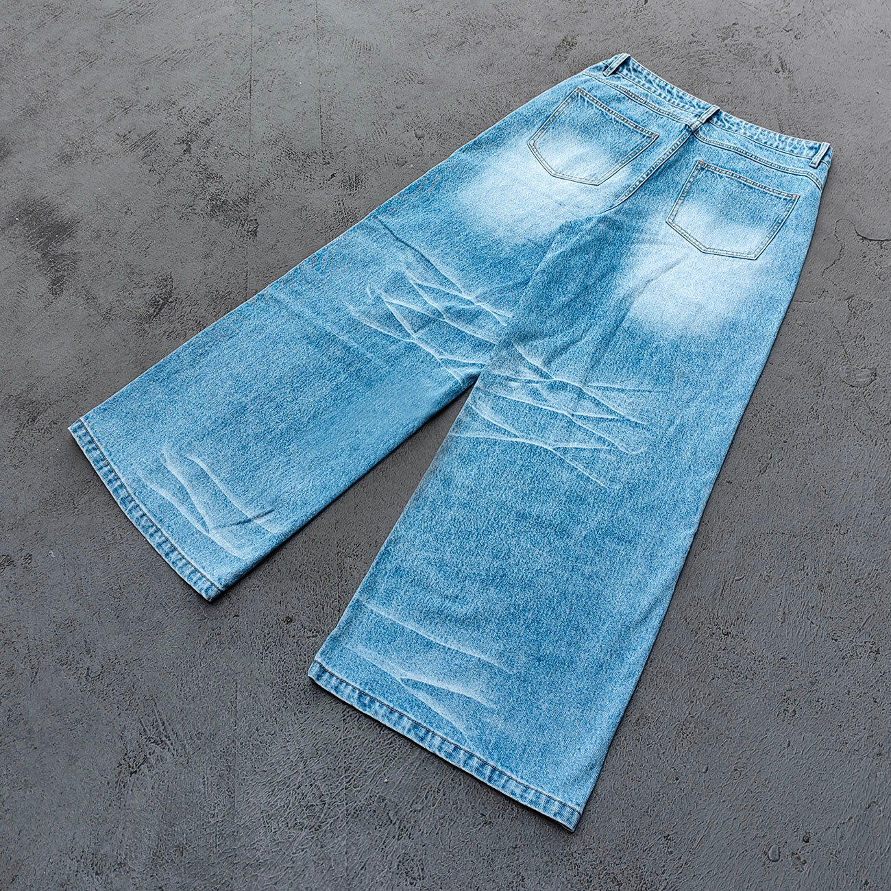 Y2K Baggy Jeans - Light Blue Acid Wash Whiskering Vintage Faded Wide Leg Streetwear