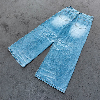 Y2K Baggy Jeans - Light Blue Acid Wash Whiskering Vintage Faded Wide Leg Streetwear