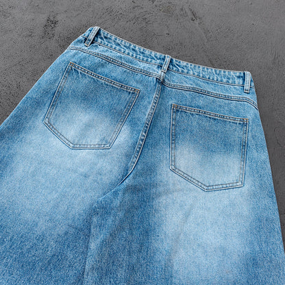 Y2K Baggy Jeans - Light Blue Acid Wash Whiskering Vintage Faded Wide Leg Streetwear