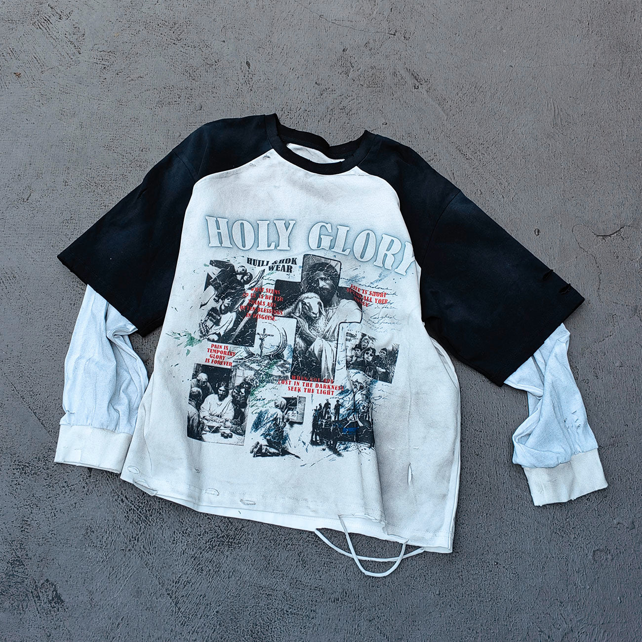 Long Sleeve Tee - White Black Color Block Fake Two Piece Holy Glory Religious Collage Print Distressed Y2K Streetwear