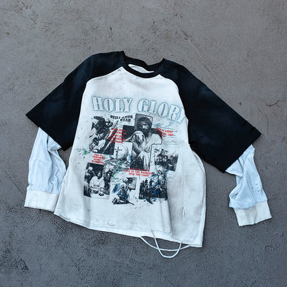 Long Sleeve Tee - White Black Color Block Fake Two Piece Holy Glory Religious Collage Print Distressed Y2K Streetwear