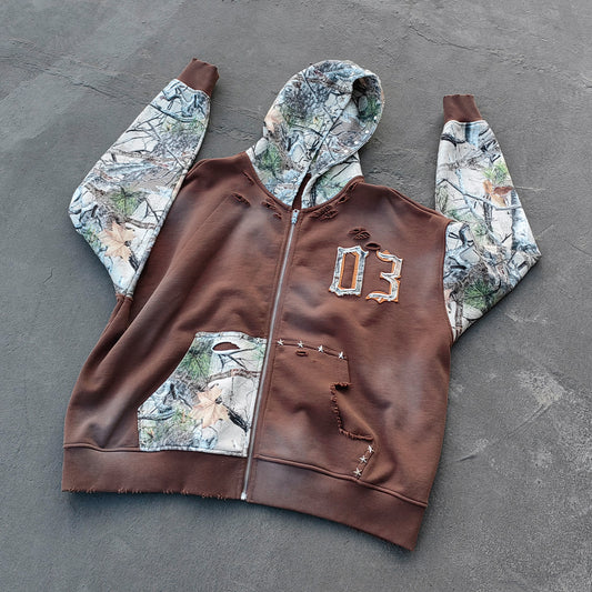 Camo Patchwork Zip Up Hoodie - Brown 03 Number Studded Distressed Y2K Streetwear
