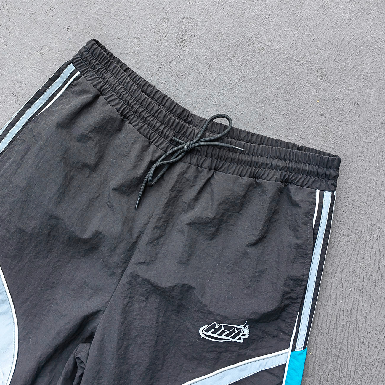 Y2K Black Track Pants - Blue Gray Curved Panel Three Stripe HDK Logo Wide Leg Streetwear