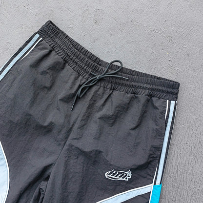 Y2K Black Track Pants - Blue Gray Curved Panel Three Stripe HDK Logo Wide Leg Streetwear