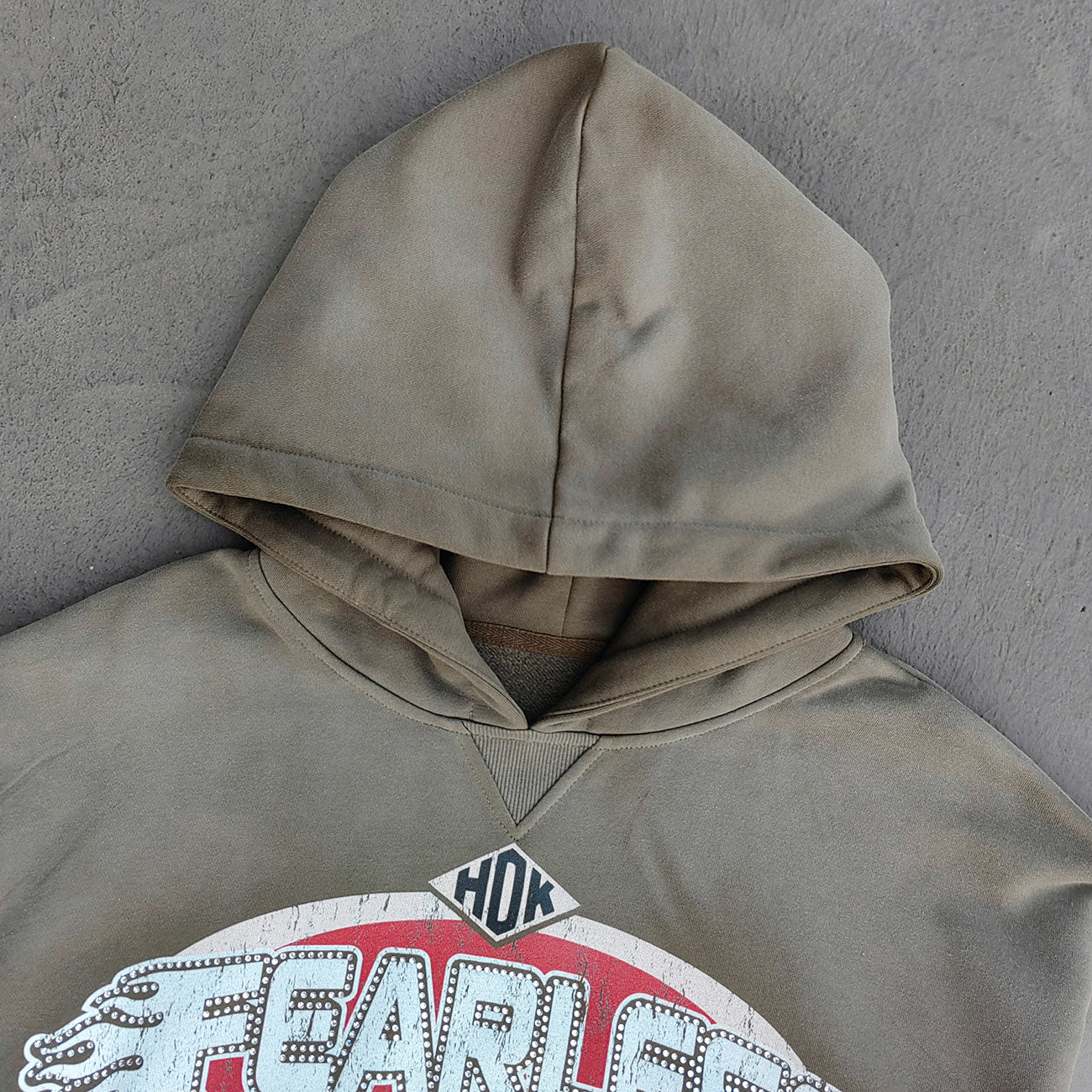 FEARLESS Graphic Hoodie - Vintage Comic Print Olive Wash Y2K Streetwear