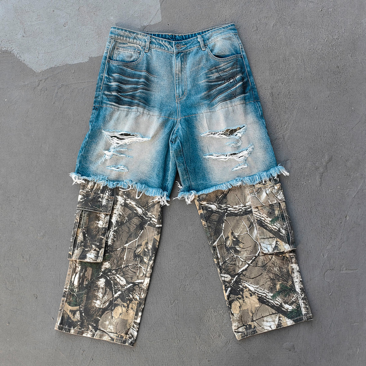 Camo Patchwork Cargo Jeans - Distressed Denim Ripped Y2K Streetwear