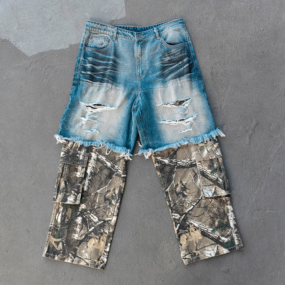 Camo Patchwork Cargo Jeans - Distressed Denim Ripped Y2K Streetwear