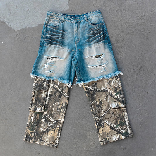 Camo Patchwork Cargo Jeans - Distressed Denim Ripped Y2K Streetwear