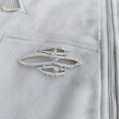 Star Cut-Out Zip Up Hoodie - White Gothic Letter Patch Distressed Y2K Streetwear