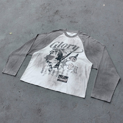 Glory Print Long Sleeve Tee - Gray White Raglan Rhinestone Dark Graphic Y2K Streetwear