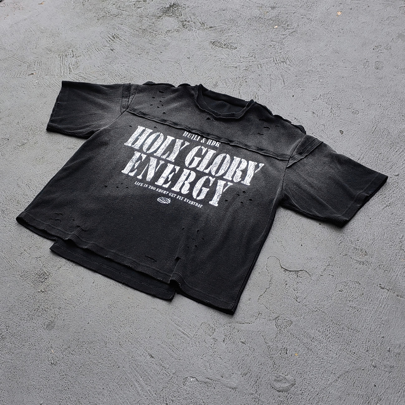 HOLY GLORY ENERGY Football Jersey Tee - Black White Waffle Knit Distressed Ripped Asymmetric Hem Y2K Streetwear