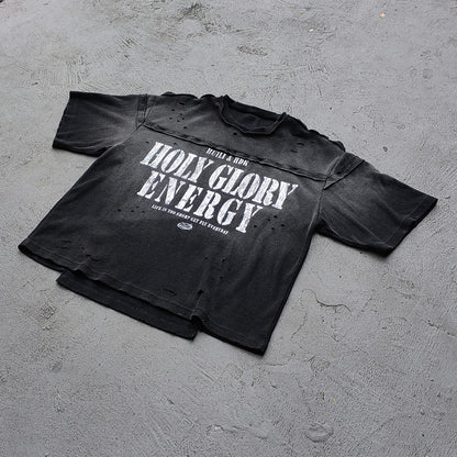 HOLY GLORY ENERGY Football Jersey Tee - Black White Waffle Knit Distressed Ripped Asymmetric Hem Y2K Streetwear
