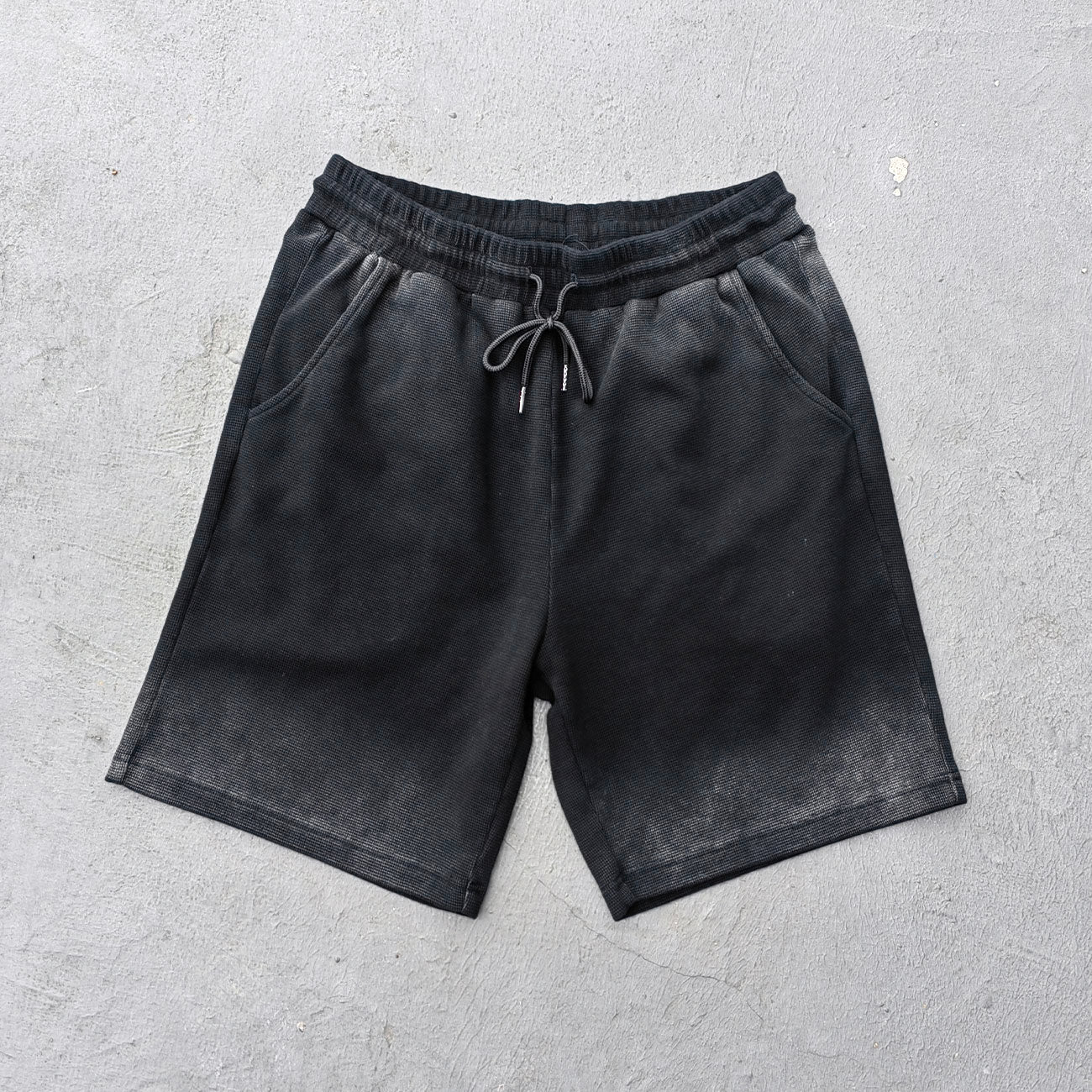 Waffle Knit Sweat Shorts - Black Acid Wash Vintage Distressed Y2K Streetwear