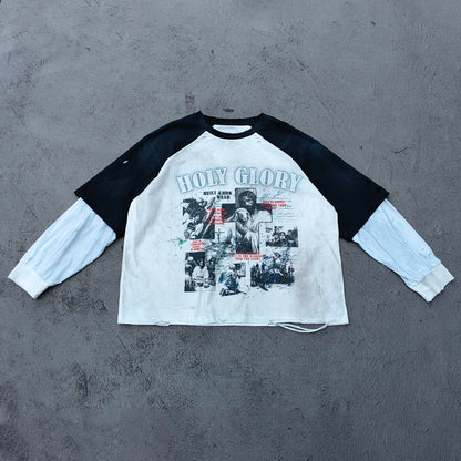 Long Sleeve Tee - White Black Color Block Fake Two Piece Holy Glory Religious Collage Print Distressed Y2K Streetwear
