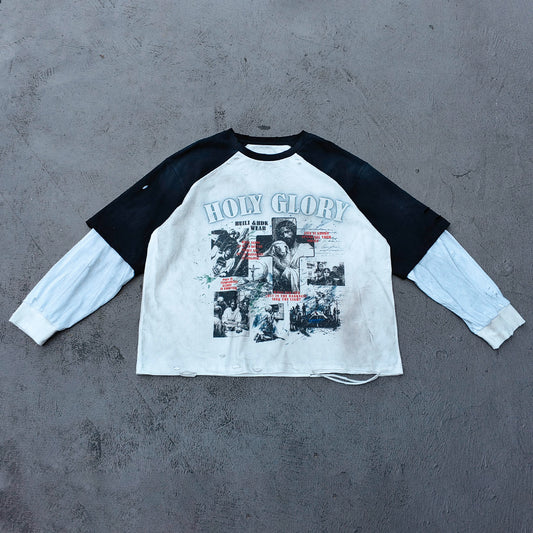 Long Sleeve Tee - White Black Color Block Fake Two Piece Holy Glory Religious Collage Print Distressed Y2K Streetwear