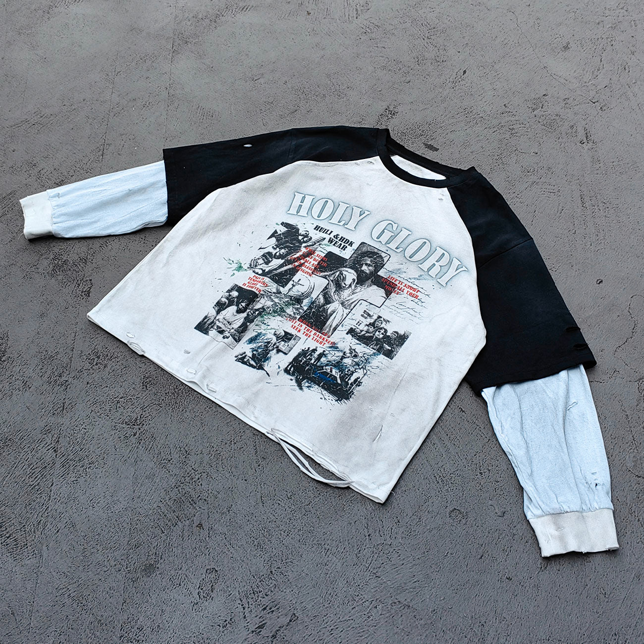 Long Sleeve Tee - White Black Color Block Fake Two Piece Holy Glory Religious Collage Print Distressed Y2K Streetwear