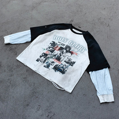 Long Sleeve Tee - White Black Color Block Fake Two Piece Holy Glory Religious Collage Print Distressed Y2K Streetwear