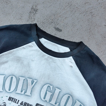 Long Sleeve Tee - White Black Color Block Fake Two Piece Holy Glory Religious Collage Print Distressed Y2K Streetwear