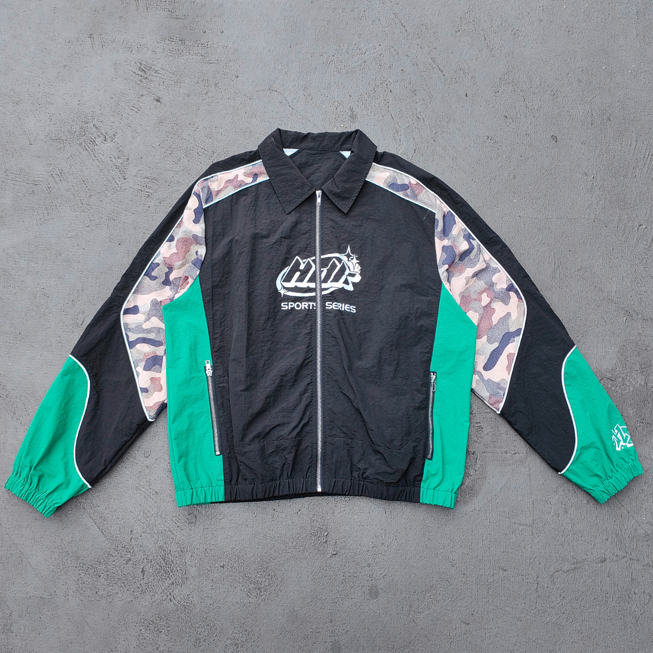 Color Block Track Suit Set - Black Green Camo Collared Windbreaker Jacket Shorts Y2K Streetwear